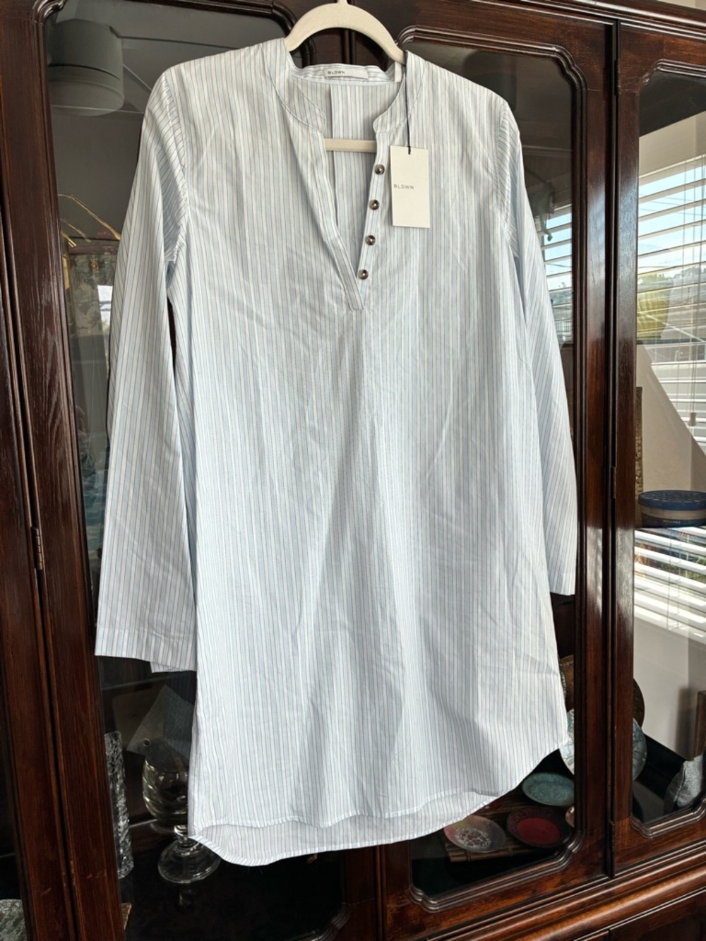 BLDWN  Light Blue and White Striped Partial Button-Down Shirt or Shirt Dress